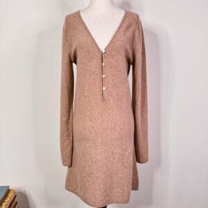 Naadam 100% Cashmere Mini Sweater Dress Sand Beige Size L NWT Button Minimalist